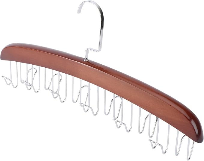 Veemoon Rotating Wooden Tie Hanger with 12 Hooks Multi-Functional Belt and Accessory Organizer Vintage Color Space-Saving Closet Storage for Ties and Belts
