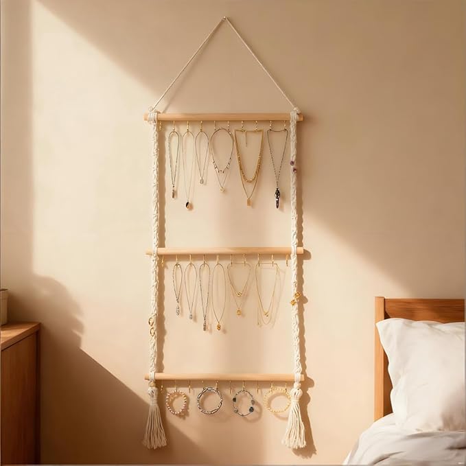 Hanging Macrame Jewelry Organizer - 30-Hook Necklace Holder, Wall Mounted/Over Door Jewelry Hanger with Tassel for Bracelet, Earring, Headband, Necklace