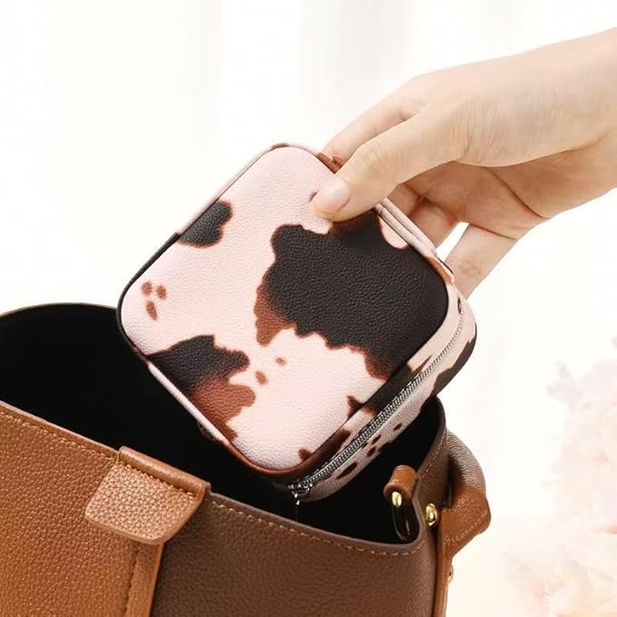 Jinglong Cattleprint Travel Jewelry Box, Compact and Adorable Doggy Jewelry Organizer, Suitable for Rings, Necklaces, and Earrings, Portable Jewelry Storage Box (Pink and white cow pattern)