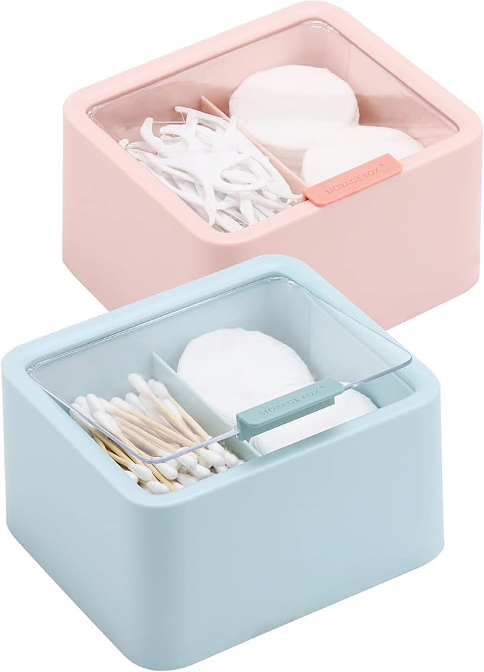 Tecbeauty 2pcs Qtips Holder - Middle Divider Cotton Pads Storage Dispenser Bathroom Organizer with Clear Hinged Lids for Cotton Balls Swabs Rounds - Blue & Pink