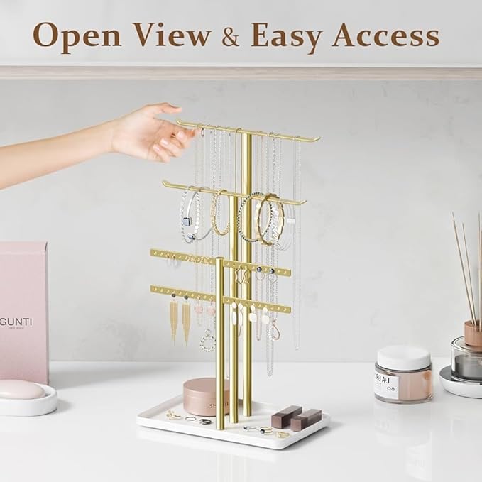 Gold Jewelry Organizer Stand, Heavy Duty Iron Necklace Holder with Tray, Anti-Rust Countertop Display for Earrings Bracelets Rings