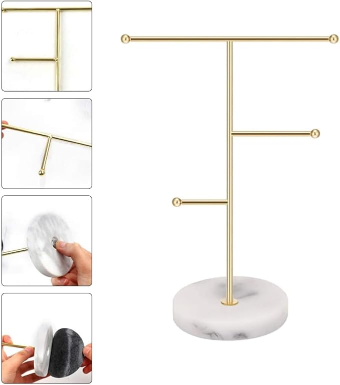 Practical Accessories Organizer Stand with Gold Iron Frame and Marble Base, 18.5 X 10 X 26 Cm Display Rack for Earrings, Necklaces, and Watches Storage