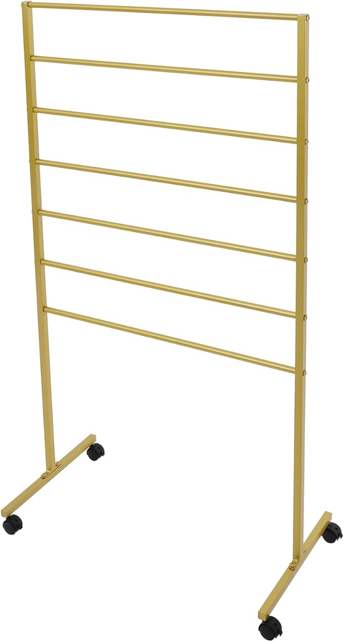 7 Tier Metal Display Rack with Wheels, Floor Standing Scarf Display Stand, Hijab Rack for Retail Stores, Towel, Belts, Ties, and Pants (Gold, 7 Tier)