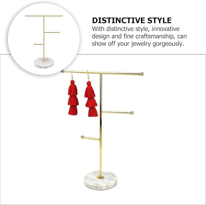 PRETYZOOM Gold Marble Jewelry Display Stand 18.5x10x26cm, Iron Jewelry Organizer Rack with Watch Storage Holder for Earrings Bracelets Necklaces, Scandinavian Style Accessory Organizer