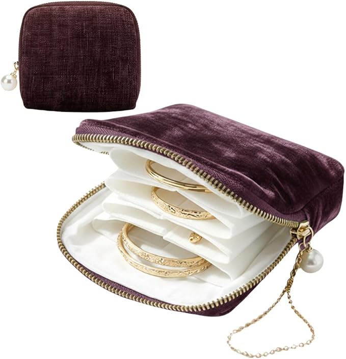 Travel Jewelry Case, Small Velvet Jewelry Pouch Bag with Zipper, Mini Portable Organizer for Earrings Rings Necklaces, Anti-Scratch Portable Storage Bag (Deep Purple)