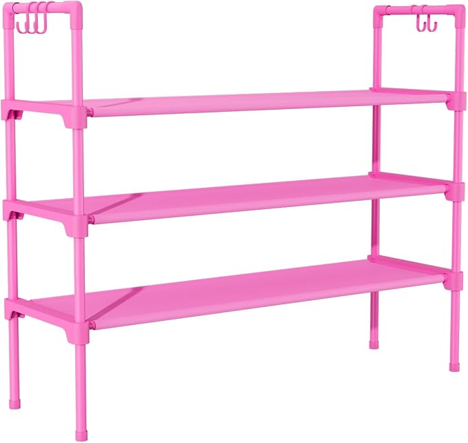 3 Tier Shoe Rack for Closet, Shoe Organizer with 5 Hooks, Long Shoe Shelf Storage for Shoe and Boot Stackable Free Standing Shoe Rack for Entryway, Garage, Small Spaces, Dorm, Pink
