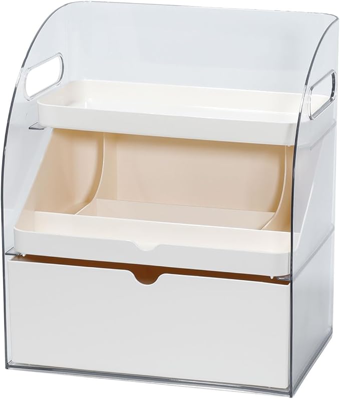 FABROK 3-Layer Desk Organizer with Drawer, Clear Office Supplies and Desk Accessories Organizer with Handle, Desktop Storage for Stationery（Cream）