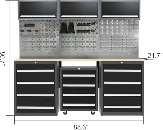 Garage Cabinets and Storage Set with Wood Workbench for Mechanics, No Drill Required