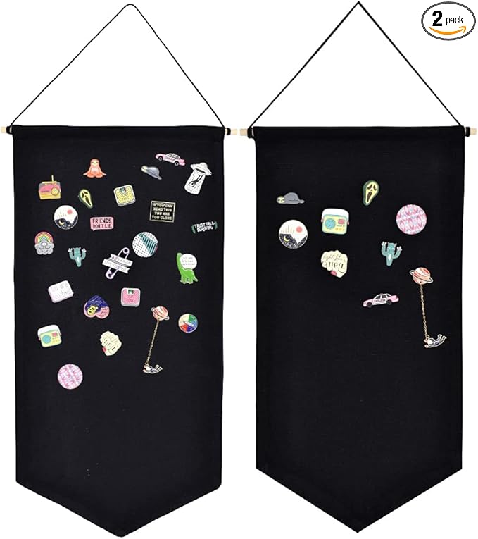 2PCS Wall Hanging Brooch Jewelry Storage Case Canvas Display Stand Enamel Pin Display Banner Holder Earrings Necklace Glitter Pin Collection Organizer (Black+Black)