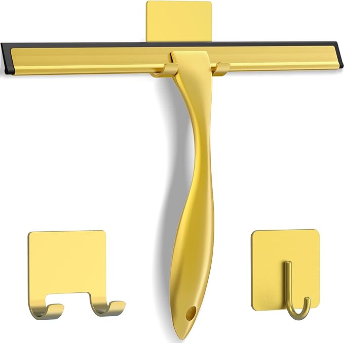 All-Purpose Stainless Steel Shower Squeegee for Shower Doors with 2 Adhesive Hooks, Bathroom Cleaner Tool Household Window Mirror Squeegee for Home Cleaning, Glass Door, Tile Wall, Car, 10 Inch Golden