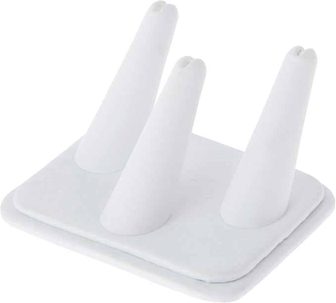 Plymor White Faux Leather Ring Finger Display, Three on Rectangular Base, 4.125" W x 3.25" D x 2.25" H