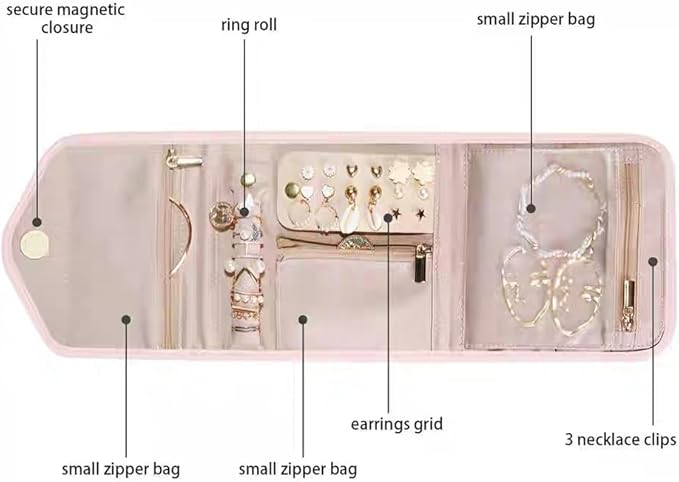 Jewelry Organizer for Women, Jewelry Organizers and Storage Foldable Jewelry Roll Bag for Rings, Earrings, Necklaces, Bracelets – Travel Jewelry Case for Travel Essentials, Pink