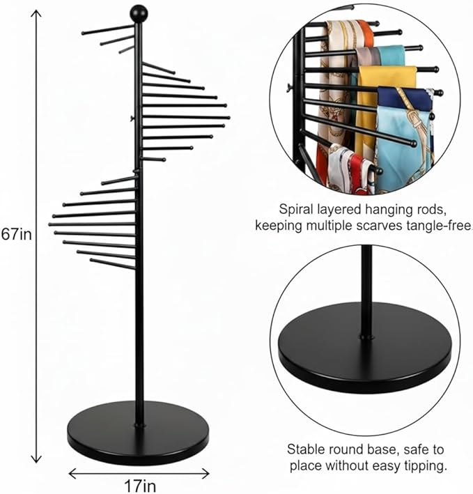 Multi-functional spiral organizer, free-standing design with 30 rods. Ideal for storing multiple scarves, hijabs, and clothes while saving space (42x170cm/17x67in). (black)