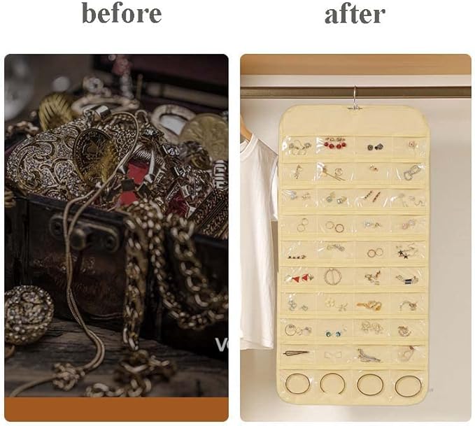 Hanging Jewelry Organizer, 80 Pockets Earring Holder Organizer, Bracelet Organizer with Pockets for Hanging Earrings, Necklaces,Rings, Storage, Closet(beige)