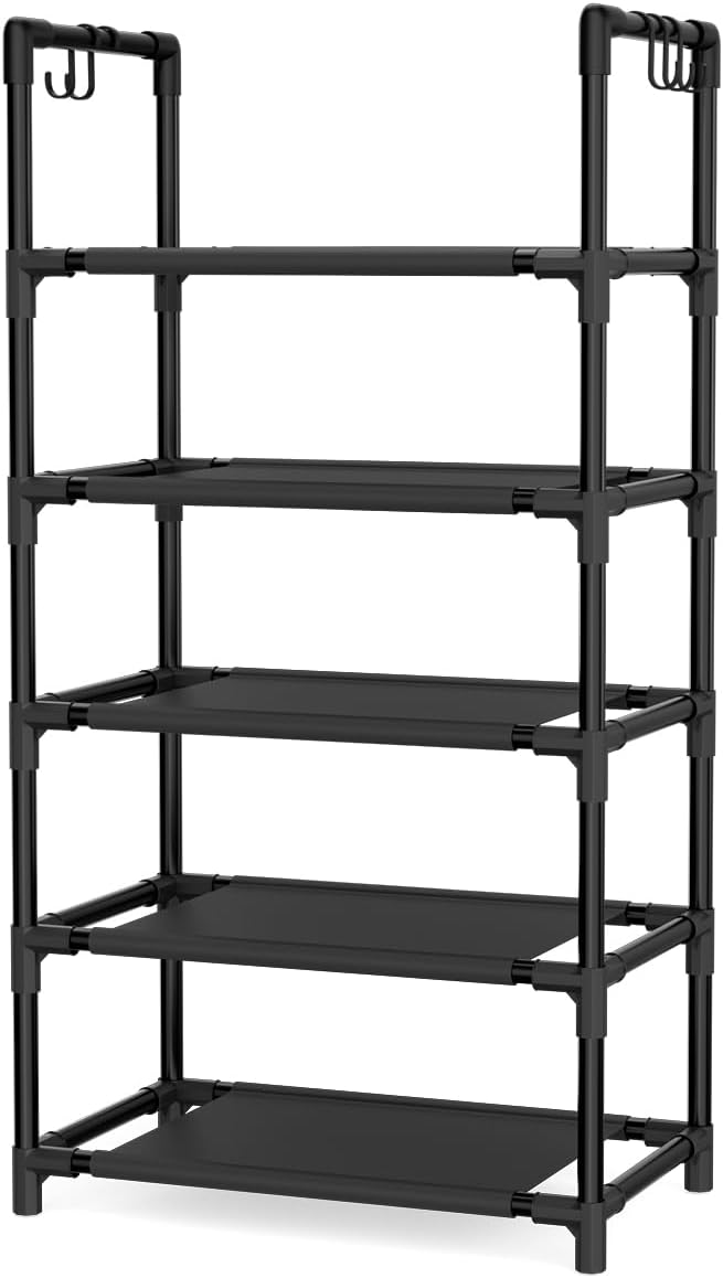 5 Tiers Shoe Rack 12-15 Pairs Boots Organizer Storage Sturdy Narrow Shoe Shelf for Entryway, Closets with Hooks, Black