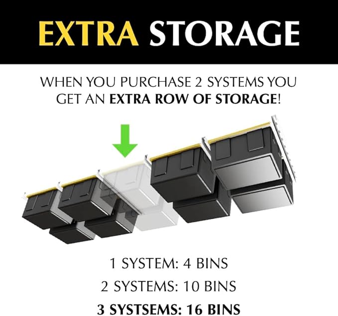 E-Z Garage Storage Overhead Bin Storage Rack Organization System - Store 4 Bins on Garage Ceiling/Adjustable to Fit Any Size Tub - Made In USA