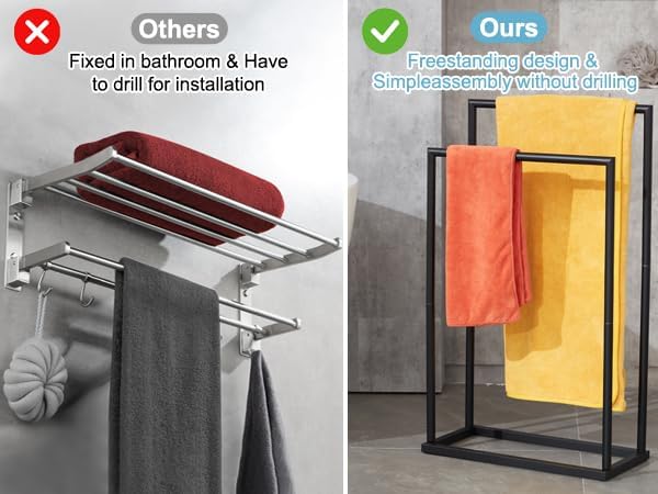 Free Standing Towel Rack, 2 Tier Towel Racks for Bathroom with Storage Shelves, Modern Outdoor Standing Towel Drying Rack for Poolside, Black Blanket Rack Holder, DECLUTTR