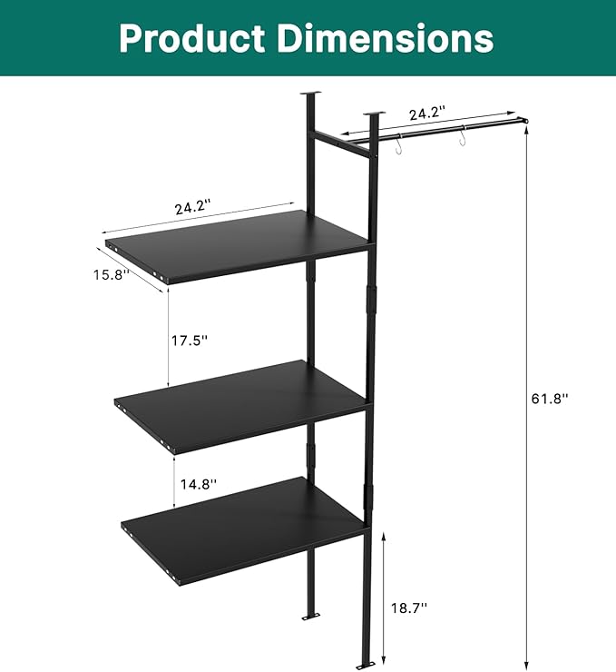 KINYING Metal Shelving Kit for 57 Cu.ft Vertical Storage Shed,with Screw and Nuts, 62” x 25” x 16”, Easy Assembly,Black