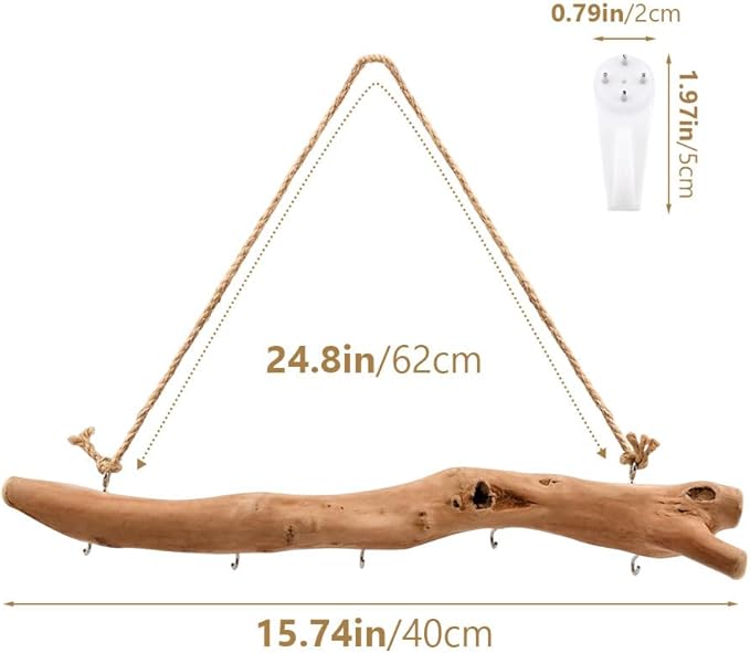 15Inch Driftwood Wall Hanging Jewelry Organizer - Rustic Wood Tree-Shaped Wall Decor with 5 Hooks for Rustic, Boho & Farmhouse Home
