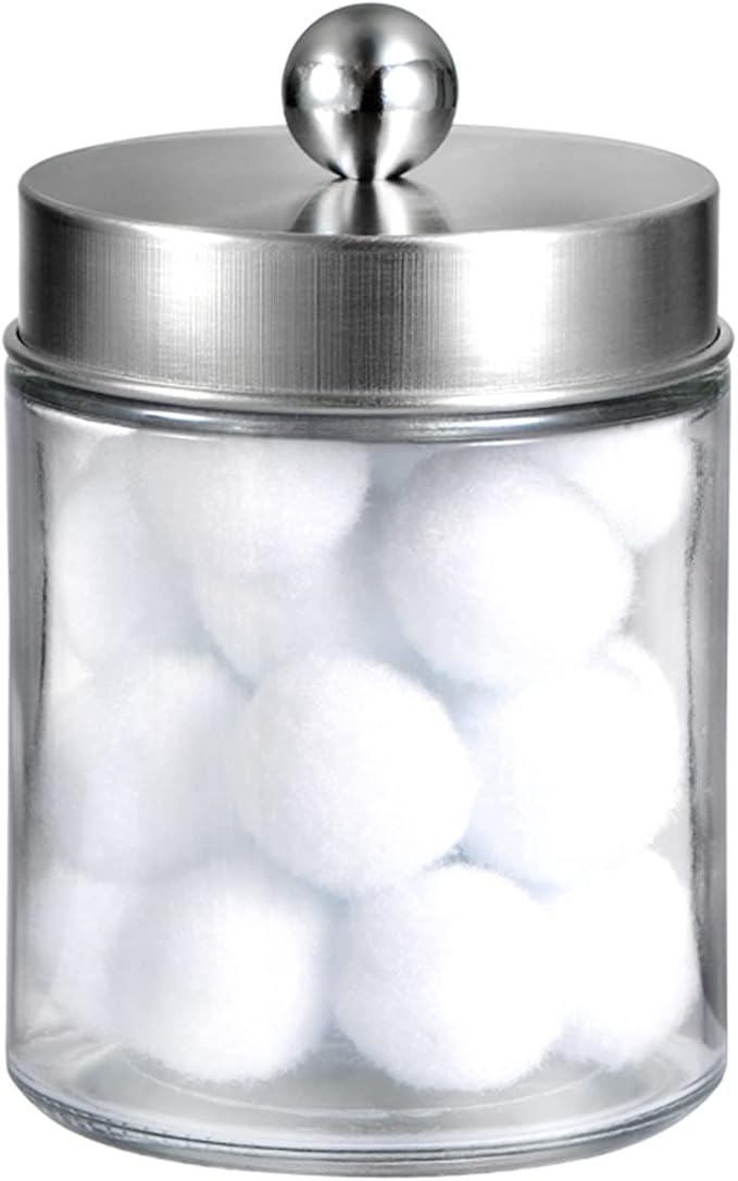 Amolliar Apothecary Jars Bathroom Vanity Organizer -Countertop Canister Jar with Storage Lid - Qtip Dispenser Holder Glass for Qtips,Cotton Swabs,Makeup Sponges ,Hair Band - Brushed Nickel (1 Pack)