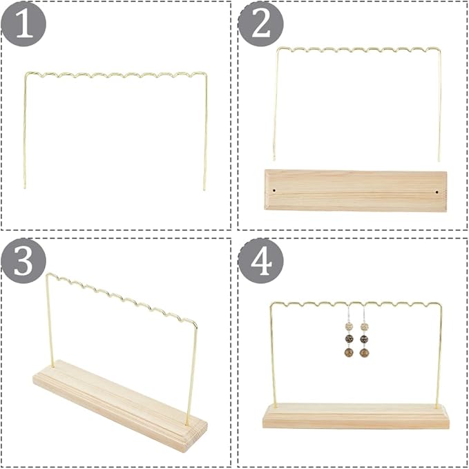 1-Tier Wood Earring Display Stand 8.66x1.97x5.67 Inch Long-Lasting Plated Metal Hanging Bar Stand with Iron Findings Golden Display Stands for Bracelet Necklace Earrings