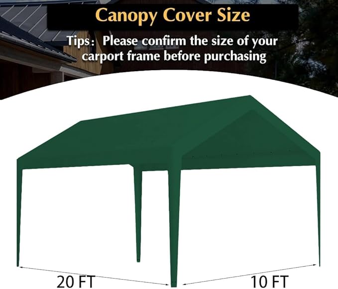 Carport Replacement Canopy, Replacement Top Cover for 10' x 20' Carport Frame, 180G PE Fabric Waterproof & UV Protected Tarp with Ball Bungees, Green (Only Top Cover, Frame is not Included)