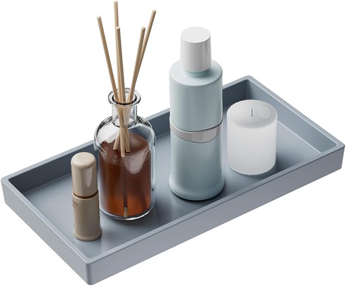 Vanity and Bathroom Tray, 7.7" ABS Countertop Organizer,Waterproof Vanity Tray for Toilet Tank,Perfume,Soap,Keys,Bathroom Accessories,Kitchen and Bath Trays,Non Slip Small Trays,Gray