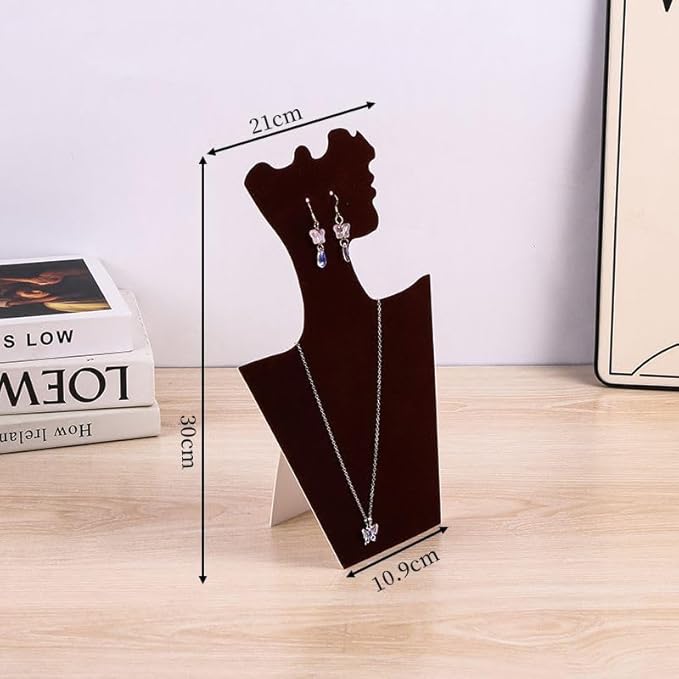Jewelry Display Stand, Black Velvet Necklace and Earring Holder, 11.8x8.3x3.9 Inches, Freestanding Bust Design