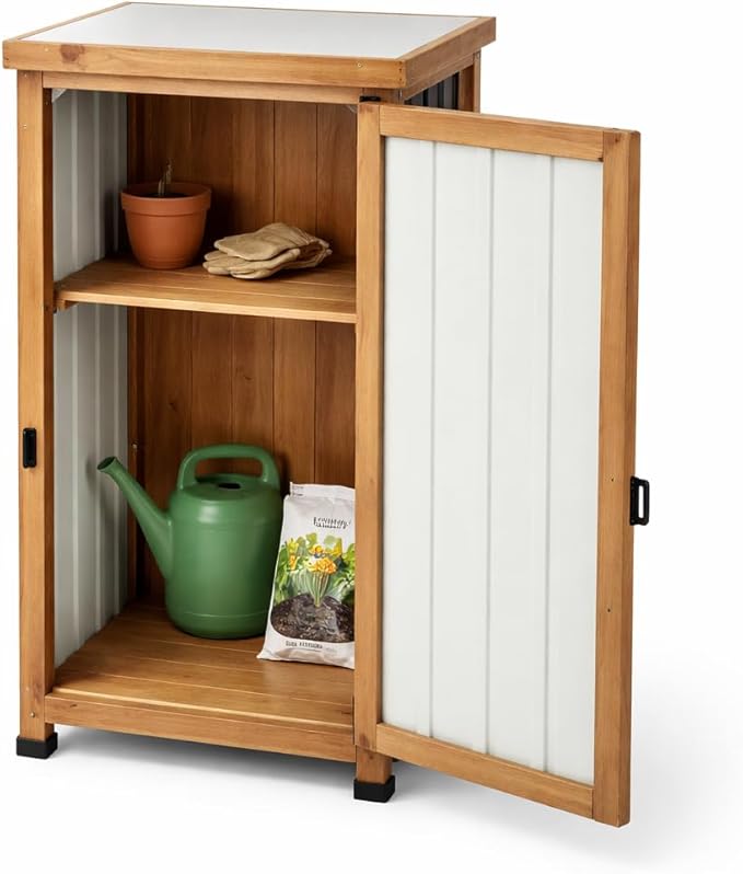Outdoor Storage Cabinet with Metal Worktop, Fir Wood Frame & Adjustable Shelf, Weather-Resistant Garden Tool Organizer for Patio, Porch, Balcony, or Garage,18" L x 18" W x 33.5" H