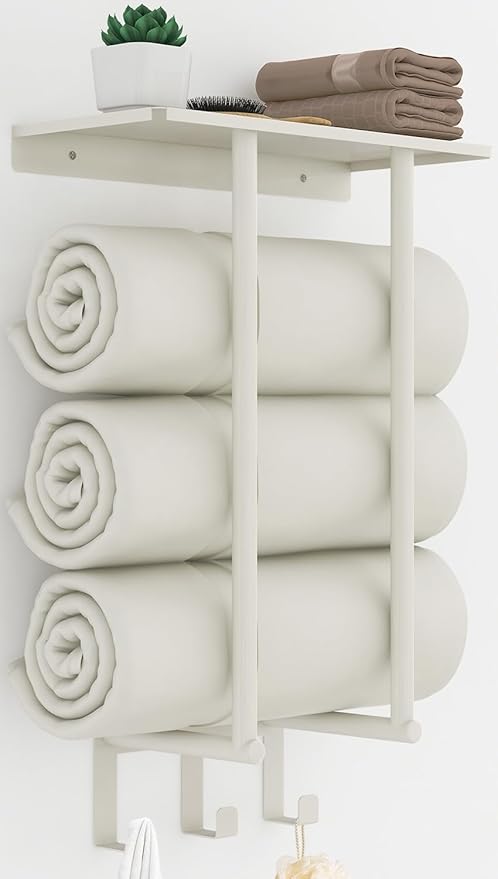 Towel Rack with Shelf and 3 Hooks, Bethom Towel Holders for Bathroom Wall Mounted, Metal White Towel Racks can Hold 3 Large Bath Sheets Blanket