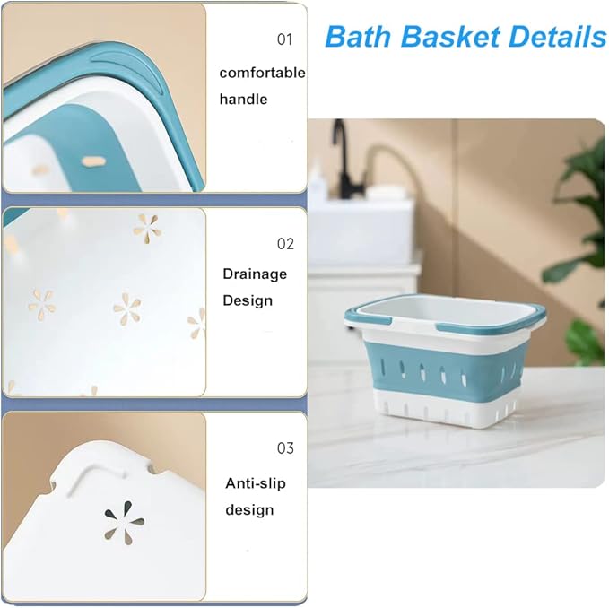 2 Pack Portable Plastic Shower Caddy Tote, Collapsible Small Basket with Handles, Box Organizer Bin for Bathroom, Kitchen, College Dorm,Gym(Grey +Blue)