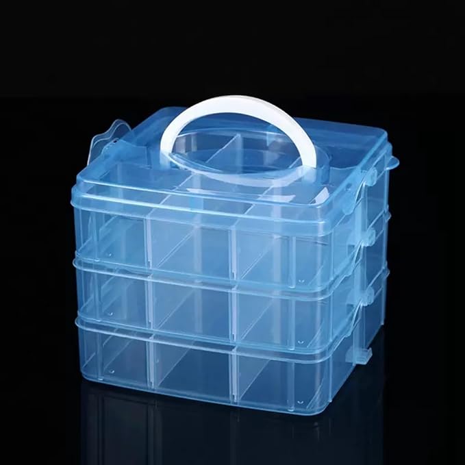 3-Tier Hair Accessories Storage Box, Clear Plastic Organizer with Handle, 5.9 x 5.9 x 5.1 in (Blue, 5.9 x 5.9 x 5.1 in)
