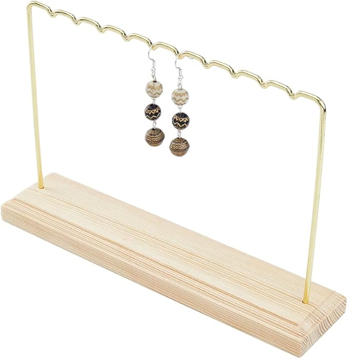 1-Tier Wood Earring Display Stand 8.66x1.97x5.67 Inch Long-Lasting Plated Metal Hanging Bar Stand with Iron Findings Golden Display Stands for Bracelet Necklace Earrings