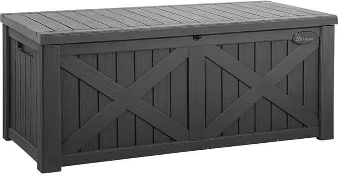 YITAHOME 150 Gallon Large Outdoor Storage Box with X-Shaped Front, Waterproof Resin Deck Box Cushion Storage Bench for Patio, Pool Supplies, Garden Tools - Lockable, Dark Gray