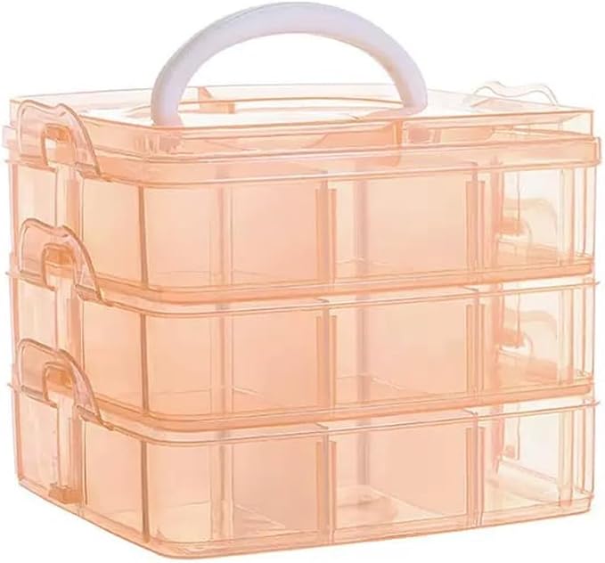 3-Tier Hair Accessories Storage Box, Clear Plastic Organizer with Handle, 5.9 x 5.9 x 5.1 in (Orange, 5.9 x 5.9 x 5.1 in)