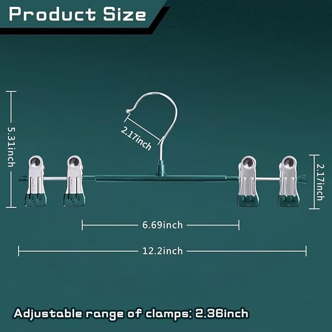 Pants Hangers with Clips 10 Pack Adjustable Skirt Hangers for Women Non-Slip Trousers Hanger for Jeans Shorts Clothes Hanger for Pants Heavy Duty Space Saving,Green,12Inch