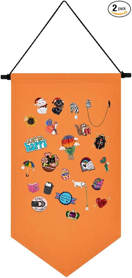 Wall Hanging Brooch Storage Case Canvas Display Stand Enamel Pin Display Banner Holder Earrings Necklace Glitter Pin Collection Organizer (Orange)
