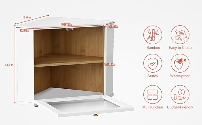 White Corner Bread Box for Kitchen Countertop, 2 Tier Breadbox for Sourdough Loaf, Modern Bread Storage Container for Island Counter Top Organizer, Cabinet Cupboard Pantry Shelf (Bamboo Wood)