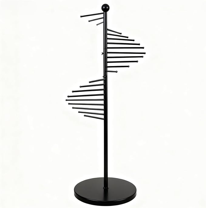 Multi-functional spiral organizer, free-standing design with 30 rods. Ideal for storing multiple scarves, hijabs, and clothes while saving space (42x170cm/17x67in). (black)