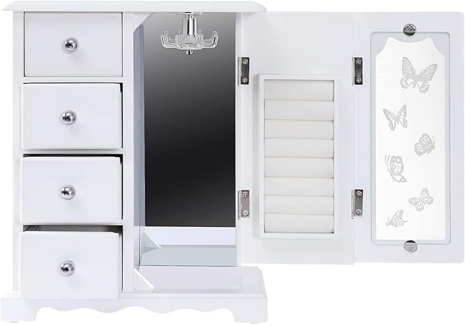 Jewelry Box,Solid Wood with 4 Drawers Organizer and Built-in Necklace Carousel and Large Mirror Jewelry Box, Moderne Makeup and Accessories Organizer Girls Ring Storage,White