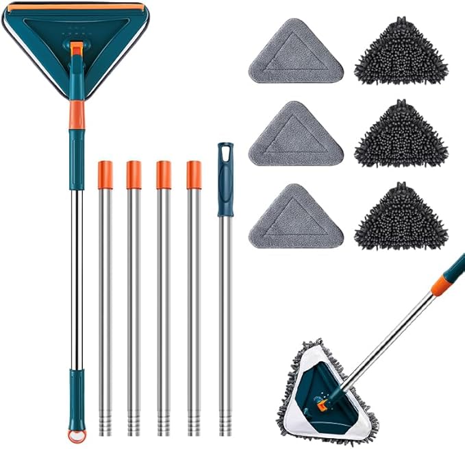 Wall Cleaner Mop with Long Handle 360° Wall Mop Triangle Mops for Floor Cleaning Baseboard Cleaner Tool with 5 Microfiber Duster Pads Dust Washer Cleaning Tools for Walls Windows Ceiling Fan