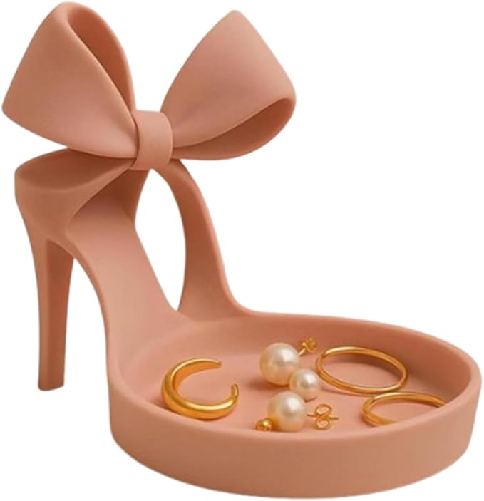 3D Printed High Heel Jewelry Holder & Organizer Tray With Elegant Bow Decor-Ring Display Stand, Earring, Bracelet Holder For Vanity, Desk Top, Dresser - Unique Home Decor Gift For Women (Pink)