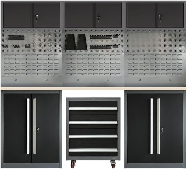 Garage Storage System with Rolling Tool Cart for Tool Organization, Free-Standing Tool Cabinet
