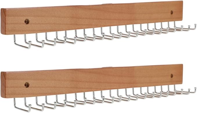 Lurrose 2Pcs Wooden Tie Hanger and Wall Mount Belt Organizer with 20 Rotatable Hooks, Necktie Storage Rack for Men’S Closet and Entryway, Space-Saving Accessory Organizer