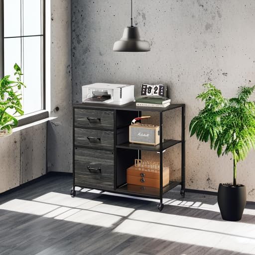 DEVAISE 3 Drawer File Cabinet, Mobile Filing Cabinet Rolling Printer Stand with Open Storage Shelf, Fabric Lateral Filing Cabinet fits A4 or Letter Size for Home Office, Charcoal Black Wood Grain