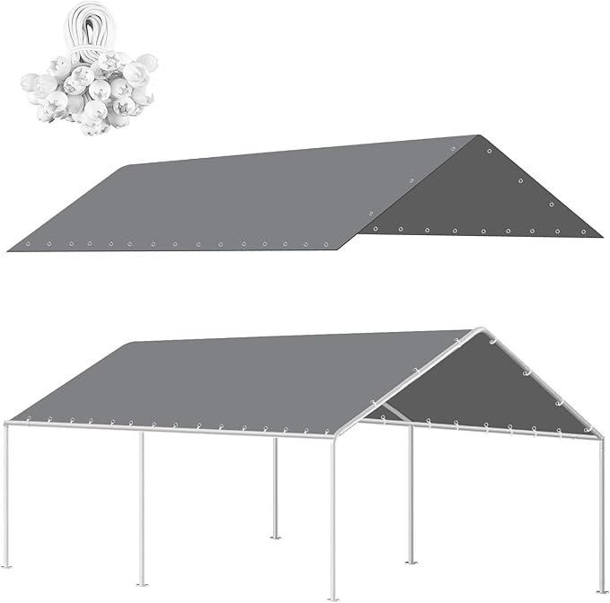 10x20Ft Carport Replacement Canopy Cover, Heavy Duty Waterproof Garage Top Shelter Cover Car Canopy with Ball Bungees (Gray, 10 * 20ft)