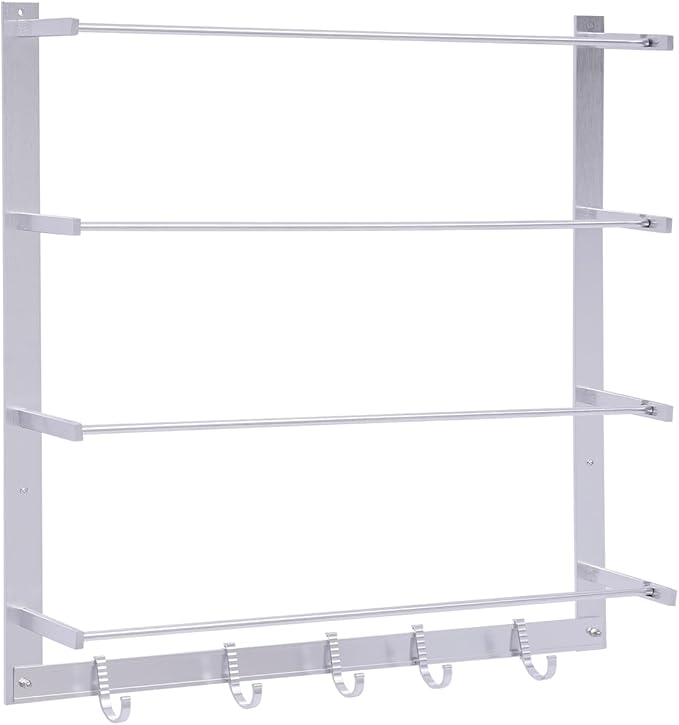 MOCHAG Craft Ribbon Holder Organizer Storage Rack, 4 Tier Wall Mount Retail Display Scarf &Tie Rack with 5 Hooks, Wire Spool Rack Ribbons Roll Storage Sewing Tool Rack for Home Clothing Retail Store