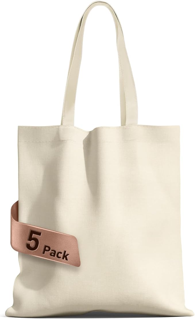 MOLOVA 1-Pack to 6-Pack Available Standard 14"x15" Premium Canvas Tote Bags,Load 55lbs,Reusable bag made of 6oz of natural canvas with Handles for Gift-Giving,Work,DIY Projects,Shopping(5 Pack)