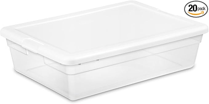 Sterilite 20 Pack Storage Box, 28 Quart Stackable Tote, Clear Plastic Container with Secure Snapping Lids for Home and Office Organization, White