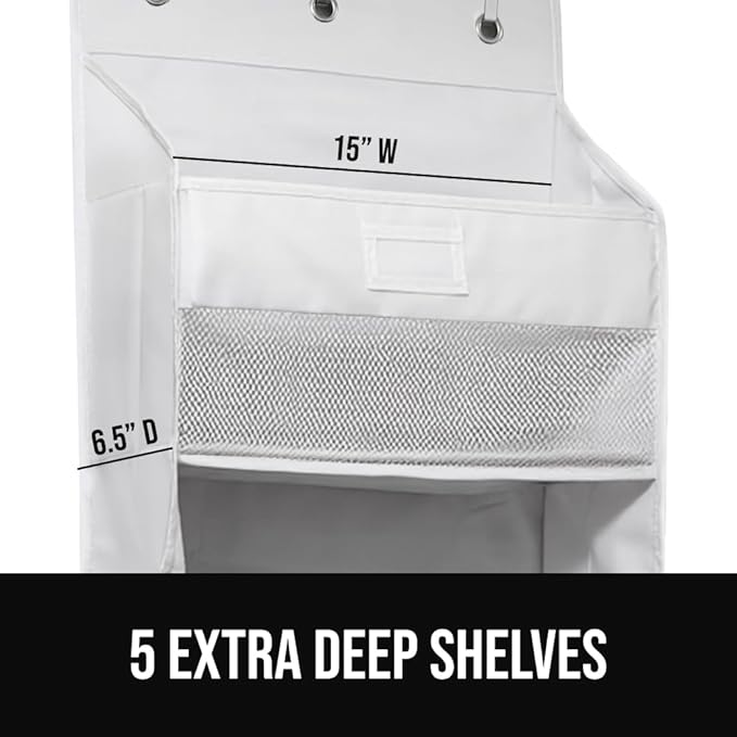 GORILLA GRIP Over The Door Organizer Storage, 5 Deep Hanging Shelves, Holds 50lbs, Closet Organizers Shelf for Bedroom, Bathroom, Nursery, Dorm Essentials, 3 Metal Hooks, 58x15 Inches, White